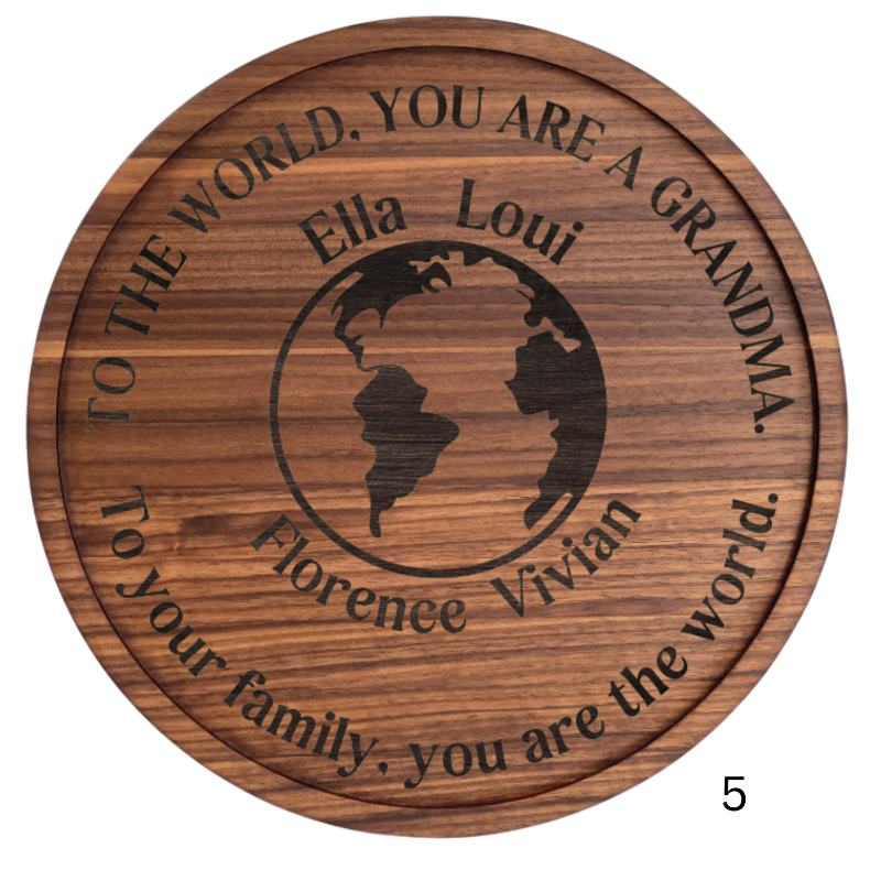 Solid Hardwood 12 inch Grandma Plate with 12 design options available on 4 available wood species. .