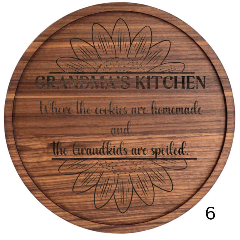 Solid Hardwood 12 inch Grandma Plate with 12 design options available on 4 available wood species. .