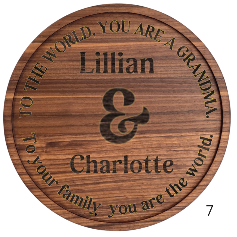 Solid Hardwood 12 inch Grandma Plate with 12 design options available on 4 available wood species. .