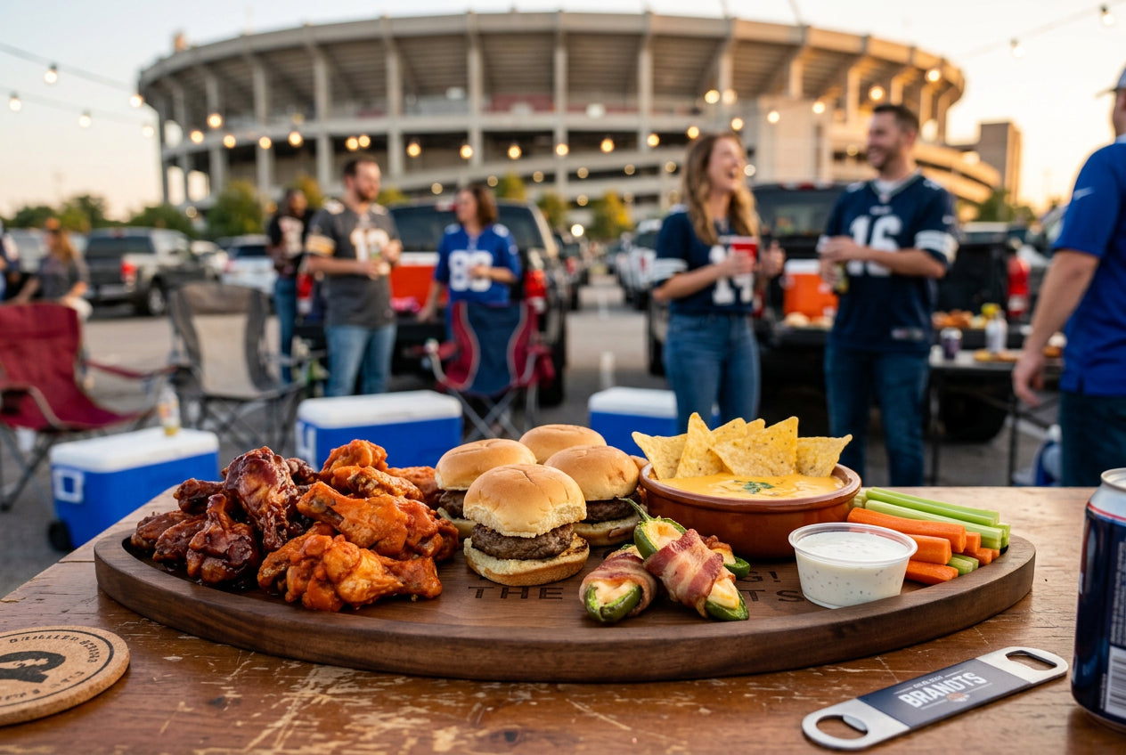 Football shaped charcuterie board in walnut showing tailgate food.