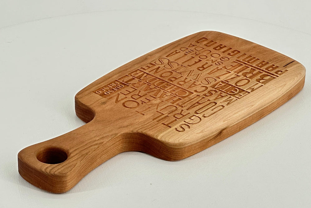 Hardwood Cherry Cheese Board Featuring Typographic Engraved Art