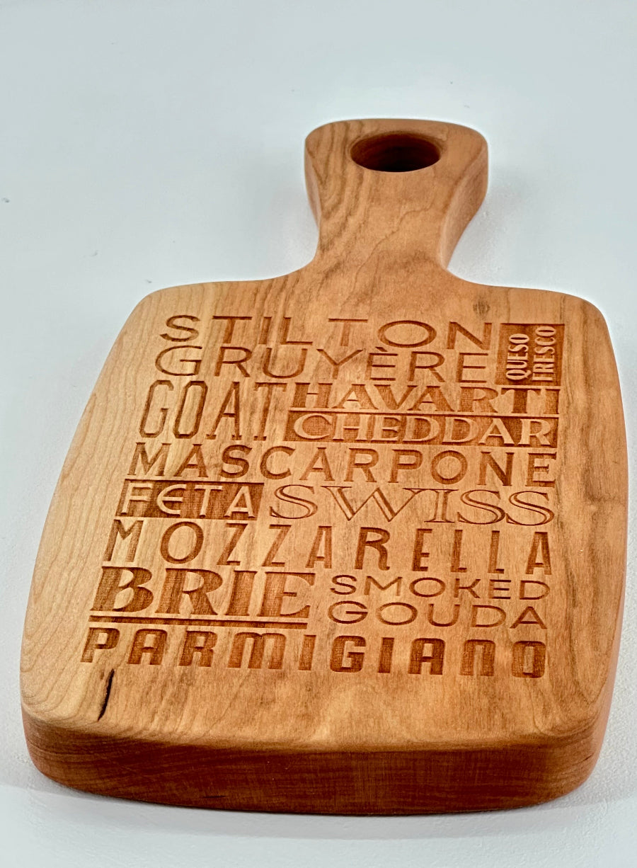Hardwood Cherry Cheese Board Featuring Typographic Engraved Art