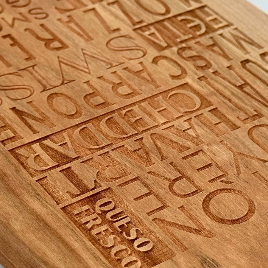 Hardwood Cherry Cheese Board Featuring Typographic Engraved Art