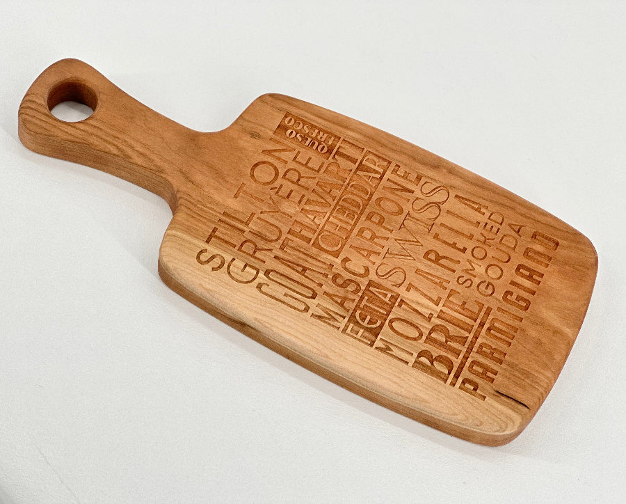 Hardwood Cherry Cheese Board Featuring Typographic Engraved Art