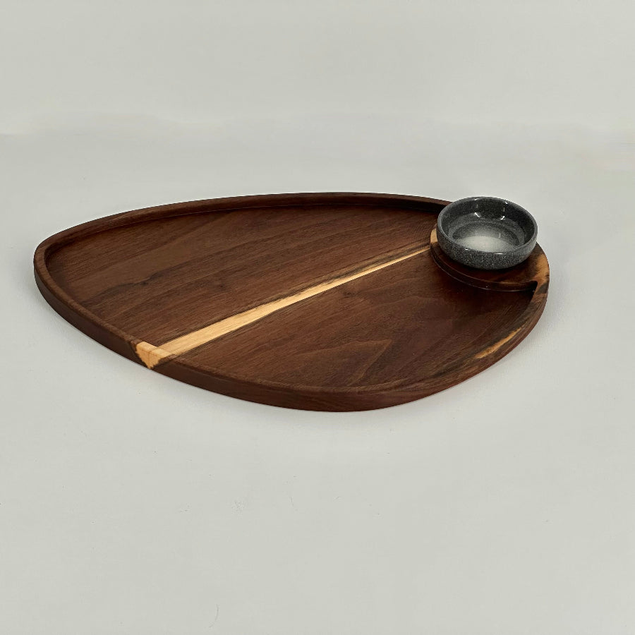 Asymmetrical Walnut Charcuterie Board With Dipping Bowl