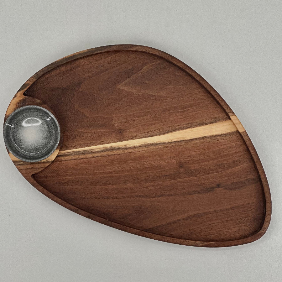 Asymmetrical Walnut Charcuterie Board With Dipping Bowl