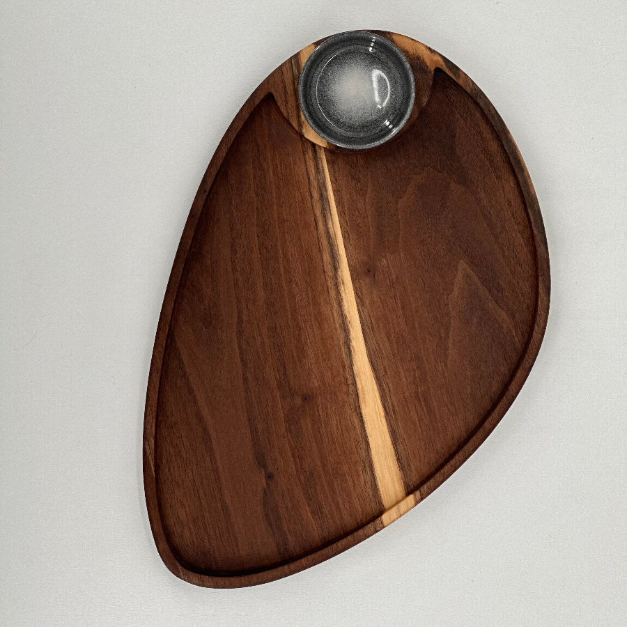 Asymmetrical Walnut Charcuterie Board With Dipping Bowl