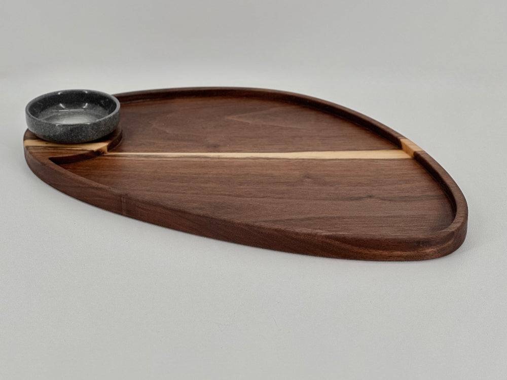 Asymmetrical Walnut Charcuterie Board With Dipping Bowl