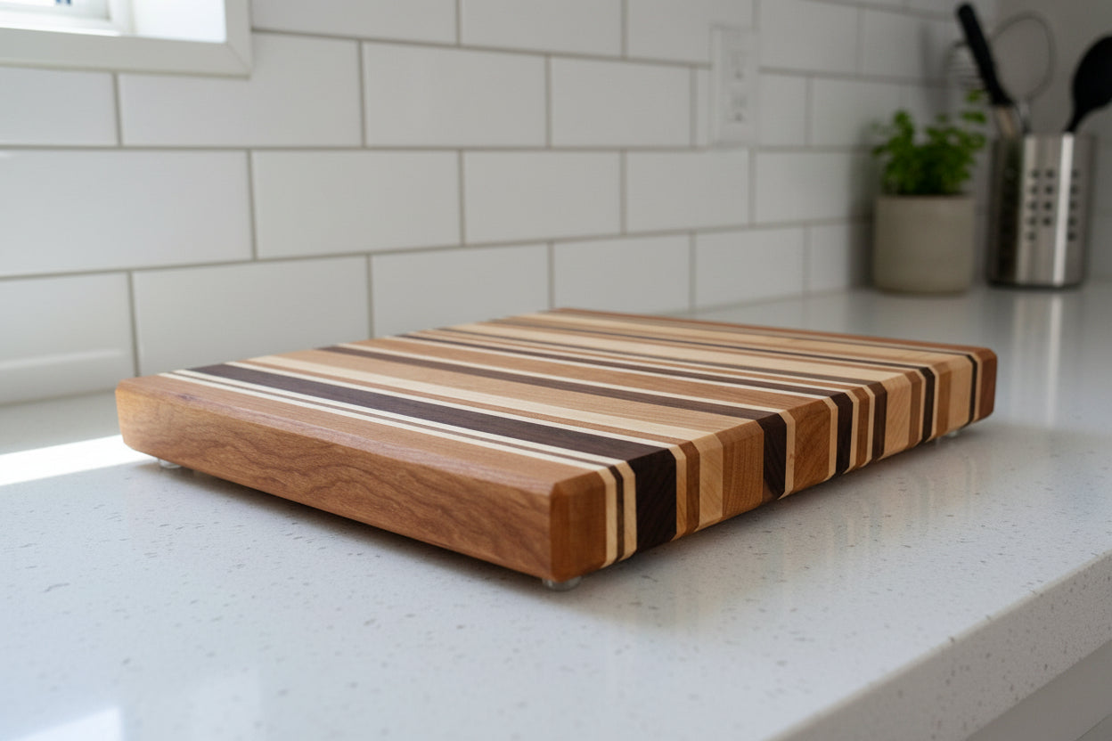 Wooden cutting board with striped pattern on a light gray background