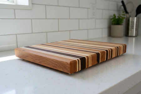 Wooden cutting board with striped pattern on a light gray background