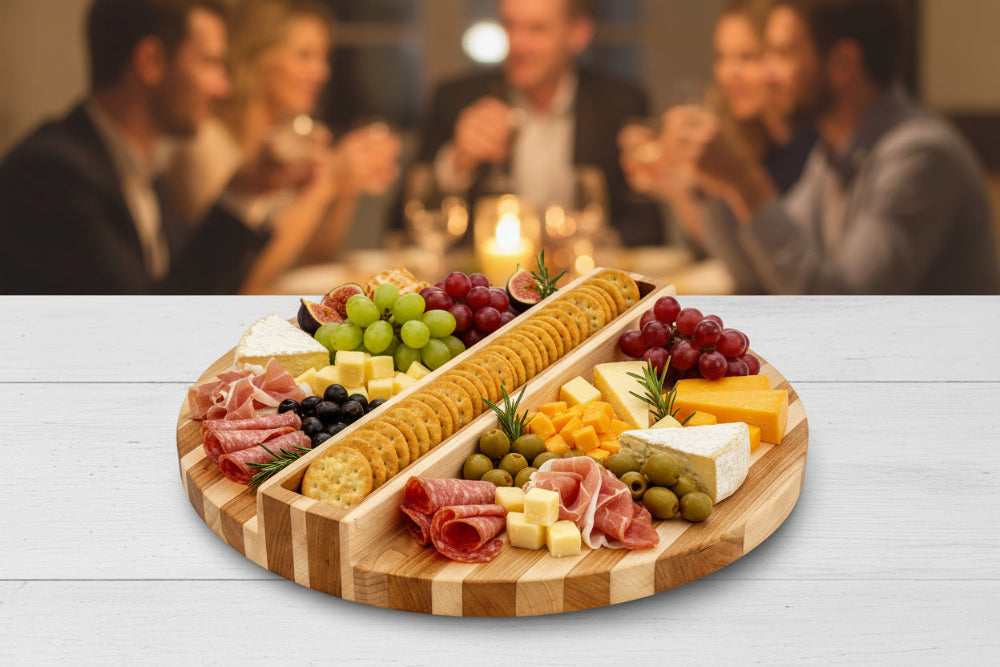 Wooden charcuterie board with meats, cheeses, fruits and a special compartment for crackers (known as the Cracker Keeper)on a table with people in the background.