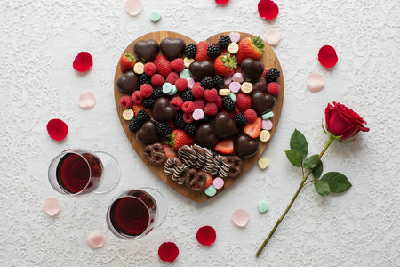 Heart-shaped dessert platter with chocolates, berries, and a rose on a white background