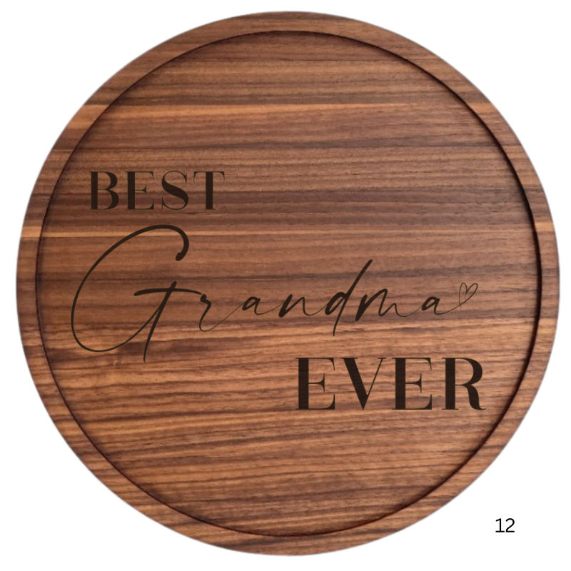 Solid Hardwood 12 inch Grandma Plate with 12 design options available on 4 available wood species. .