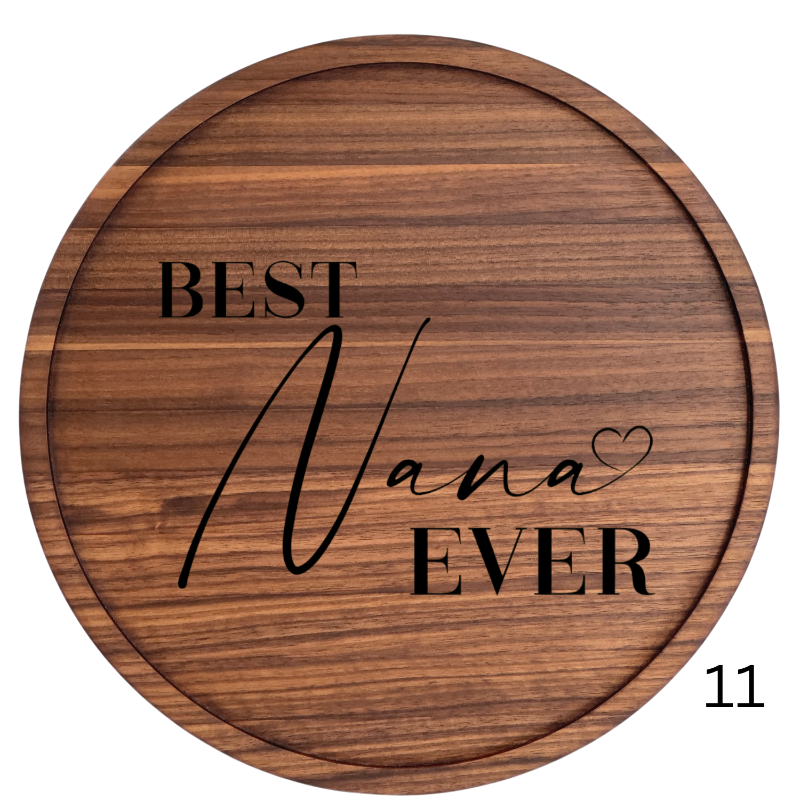 Solid Hardwood 12 inch Grandma Plate with 12 design options available on 4 available wood species. .