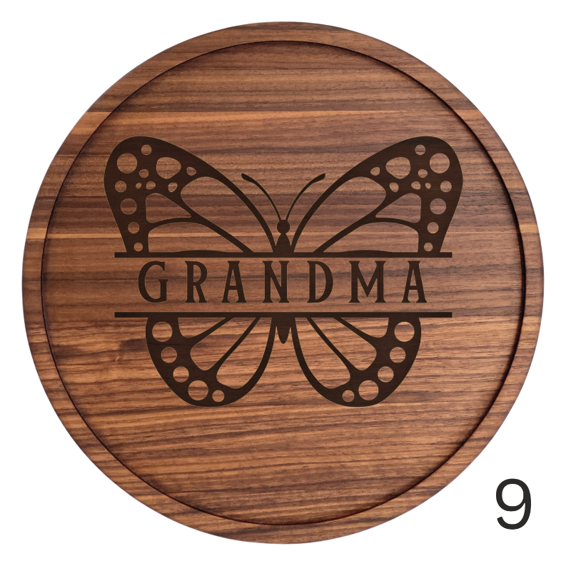 Solid Hardwood 12 inch Grandma Plate with 12 design options available on 4 available wood species. .