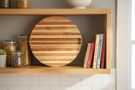 Wooden cutting board  designed to hold crackers placedon a shelf with books and jars in a kitchen.